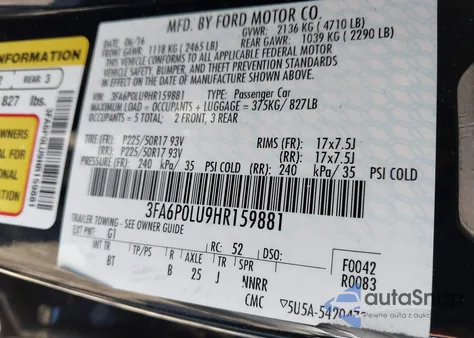 2017 Ford Fusion Hybrid Se z USA, uszkodzony, nr VIN 3FA6P0LU9HR159881